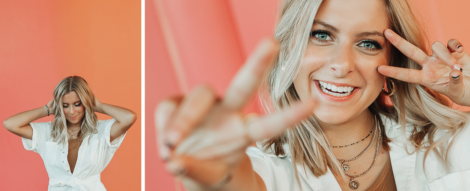 beautiful high school senior doing the peace sign on colored wall